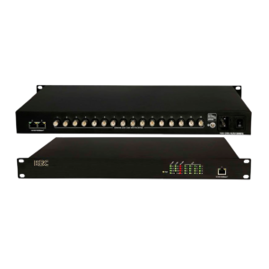 The EECF16-GN3-R is an Ethernet over Coax (EoC) switch with 16 coax ports with Power Over Coax (PoC) and 3*10/100/1000M Ethernet ports. This switch provides connectivity up to 16 units PoC/PoE version EECF1-LS1-T-MN-B transmitter.
